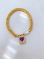 Golden beaded stretch bracelet with purple heart rectangle charm and white pearl accent - Purple Heart Style (款式9)