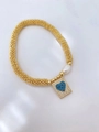 Golden beaded bracelet with irregular pearl and turquoise heart rectangle charm - Blue Heart Style (Turquoise Look) (款式10)