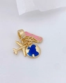 Travel charms with gold airplane and world map pendant on a minimalist white background - Pendant #16 (Pink Tag)