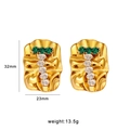 Golden irregular wavy rectangle earrings with green and clear gemstones, 32mm by 23mm - Zirconia Inlaid Pleated Style (CK139) / Gold