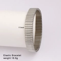 Detail view of an 11mm wide silver elastic bracelet with a textured steel band design - Polished Silver Regular Style (Style 58)