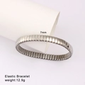 Close-up of 7mm elastic stainless steel link bracelet on white cylindrical stand - 7mm Width / Silver (Style 99)