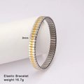 Close-up of a 9mm silver and gold elastic stainless steel bracelet on a display stand - Two-Tone Gold and Silver Rectangular Style (Style 72)