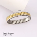 Detail showing 11mm wide elastic steel bracelet with polished gold and silver link design - Two-Tone Double-Row Style (Style 75)