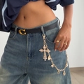 Hip-hop gold pants chain with pearl cross pendant and charms worn on denim jeans - Multi-Pendant Lucky Charm Style (1742) / Gold