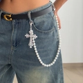 Hip hop pearl waist chain with vintage silver hollow cross pendant for jeans - Pearl Cross Style (1760) / Silver