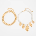 Gouden schakelketting en witte parel enkelbandjes set met hartvormige hangers - Dikke Ketting en Imitatie Parel Hanger Combinatie (6480) / Goud