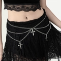 Detailed view of multilayer silver waist chain with hollow gothic cross pendants on black lace - Vintage Three-Cross Style (01935) / Silver