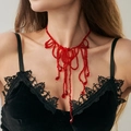 Gothische rode bloedkristal ketting met parelkwastjes voor Halloween-kostuums - Kwastje Waterdruppel / Verzilverd En Rood (7392)