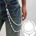 Catena da vita a doppio strato di perle con ciondolo a croce argento per jeans - Stile Ciondolo Croce (1962) / Oro bianco