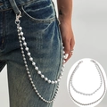 Chaîne de taille hip-hop double couche avec perles d'imitation blanches et billes en métal - Style de Perles Mixtes (1963) / Or blanc