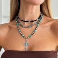 Three-layer bohemian turquoise beaded necklace with cross pendant and velvet choker - Vintage Silver Cross Style (6719)