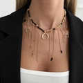 Bohemian choker necklace with black beads, gold moon pendants and long chain tassels - Gold Moon Tassel Black Gold Beads / Gold (7503)