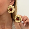Vintage golden hammered round earrings with dark brown resin center for women - Iron / Stud Earrings (3830) / Gold