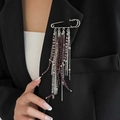 Silver metal safety pin brooch with purple beads and chain fringe on black suit - Purple Beaded (0348)