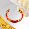 Open bangle in gold finish with red enamel stripes, minimalist colorful striped cuff jewelry - Red