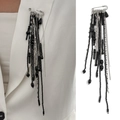 Hip-hop style brooch pin with black and white crystal beads and long tassels - Black Beaded (0329K1)