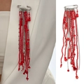 Hip hop style brooch featuring dark red crystal beads and silver tassels on white blazer - Red Beaded (0329K2)