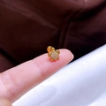 Makroaufnahme eines winzigen goldenen Schildkröten-Ohrrings mit Zirkonia auf der Fingerspitze - Goldene Schildkröte
