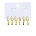 Detail of micro-paved zircon gold earrings with six different colored gemstone pendants - Vertical Colorful Zirconia Style (M24123)
