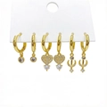 Three-pair gold huggie earring set featuring heart, star, and moon zircon charms - Round Single Stud Heart Crescent Starburst Style (2702)