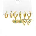 Three pairs of gold-plated hoop earrings featuring evil eye and V-shape zircon charms - Evil Eye V-Shape Style (2706)