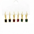 Three-pair gold zircon earring set featuring rectangle gems in blue, red, and green - Rectangular Multi-color Gemstone Style (2709)