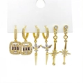 Three-piece set of gold-plated hoop earrings with micro-pave zircons in various designs - Square Zirconia Starburst Leaf Style (2710)