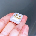 Makrofoto der goldenen T-Smile Titanstahl Ohrstecker mit Schraubverschluss auf weißer Basis - Lächeln / Gold