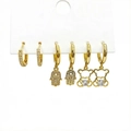 Gold plated 3-pair earring set with micro-pave zircon hand and bear charms - Hamsa Hand and Hollow Bear Style (2713)