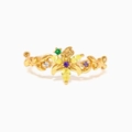 Verstellbarer Goldring mit Blumen aus lila und gelben Kristallen und grünem Schmuckstein - Gold Floral (2L42 Gold)