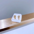 Detailansicht goldener Titan-Ohrringe mit klaren Steinen und rosa Herzanhängern - Gold Rosa Herz Anhänger