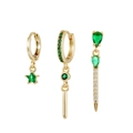 Three-piece gold earring set featuring emerald green zircon studs and charms - Emerald Green Star Hoop Earring Set (K27A0840)