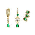 Three-piece gold plated earring set with green emerald cubic zirconia in various shapes - Emerald Green Teardrop Long Earring Set (K29A9700)