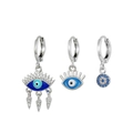 Three-piece silver hoop earring set with blue evil eye charms and sparkling zircons - Silver Evil Eye Earring Set (K34A0950)