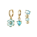 Golden 3-piece earring set with light blue rhinestones and flower heart pendants - Sky Blue Flower Heart Earring Set (K36A0317)