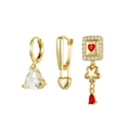 Three-piece gold-toned earring set featuring heart charms and red zircon accents - Red Heart Zirconia Earring Set (K17A2605)