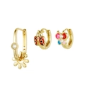 Three-piece gold earring set with sunflower pendant, ladybug, and colorful butterfly - Sunflower Ladybug Butterfly Earring Set (K14A2543)