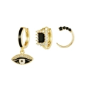 Three-piece gold earring set featuring evil eye charm and black rectangle gemstones - Black and White Evil Eye Earring Set (K37A2600)