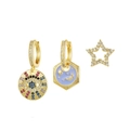Three-piece gold earring set featuring purple enamel moon star and green zircon charms - Star Moon Purple Enamel Drop Earring Set (K38A2609)