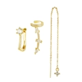 Three-piece gold earrings set featuring clear zircon inlays and delicate chain drops - Gold Zirconia Ear Cuff and Chain Set (K93A2632)