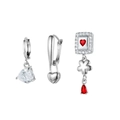 Three-piece silver hoop earring set with red heart and green zircon stones - Asymmetric Red Heart Silver Earring Set (Platinum K94A2691)
