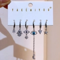 Ohrring-Set in Silber mit bösem Blick und Hand der Fatima mit blauen Zirkonia-Steinen - 6-Teiliges Set / Silber