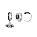 Three-piece silver hoop earrings set with black zirconia and evil eye pendant charms - Evil Eye Black Zirconia Silver Earring Set (Platinum K94A2685)