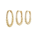 Three-piece gold-plated hoop earring set with green zircon stones in graduated sizes - Bright Gold Bead Pave Hoop Set (K22A0911)