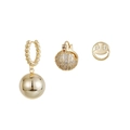 Three-piece gold earring set with twisted rope ball, micro-pave zircon sphere and smiley face - Twisted Rope Bead Smiley Gold Earring Set (K30A0963)