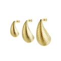 Three sizes of gold croissant hoop earrings with ridged texture and emerald green zircon sets - Waterdrop Croissant Pleated Gold Earring Set (K12A2555)
