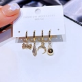 Vierteiliges goldenes Ohrring-Set mit Bogen, Feder, Stern und Perle auf S925 Silber - Asymmetrischer Stern Mond Feder und Perle Stil (G25)
