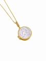Macro detail of a gold locket necklace with Mother of Pearl and Virgin Mary engraving - Virgin Mary Engraved Style (Necklace E)