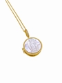 Macro detail of golden Guadalupe locket necklace with white mother of pearl inlay - Our Lady of Guadalupe Style (Necklace B)
